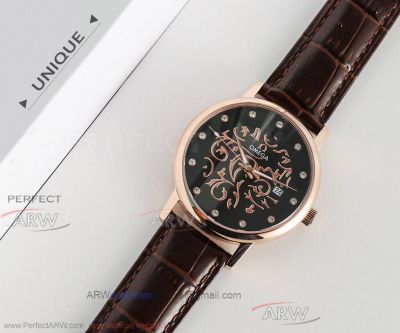 Perfect Replica Omega De Ville Rose Gold Smooth Bezel Black Diamond 40mm Watch 